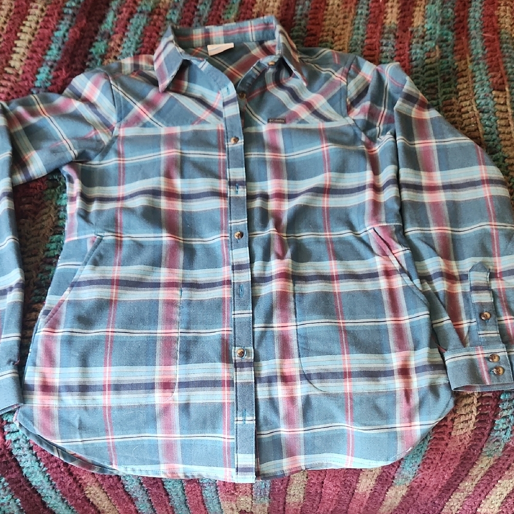 Columbia Blue and Pink Plaid Button Down Shirt